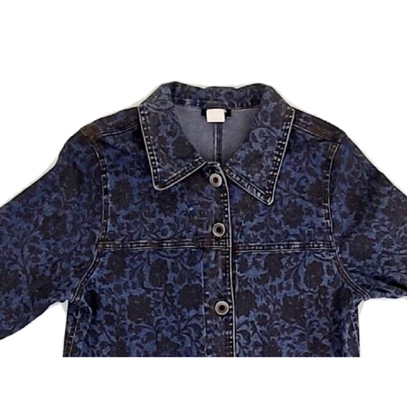 NADIA Blue Jean Jacket With Black Floral Design Button Up Size Large Made in USA - Picture 3 of 11